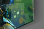 Sci-fi-warrior artwork anchoring a wall with electric-blue-and-chartreuse palette