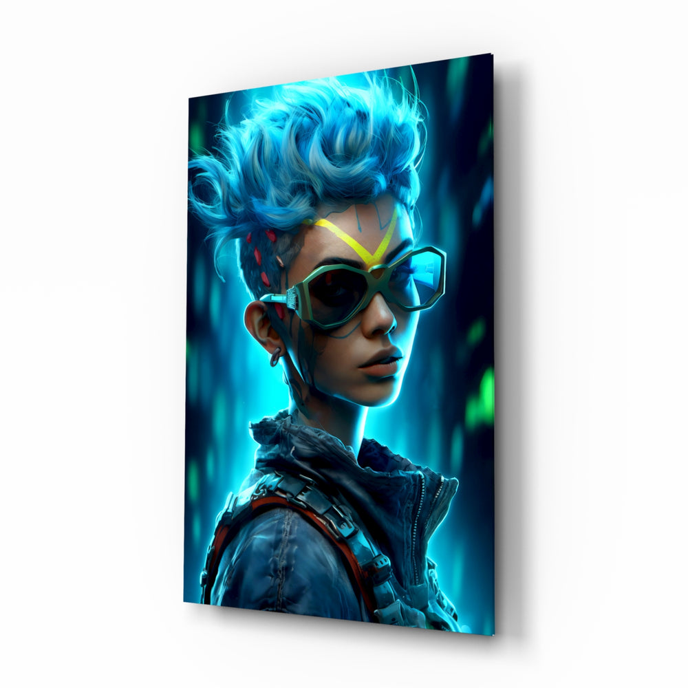 Cyberpunk glass wall art displayed above a desk in a teen room