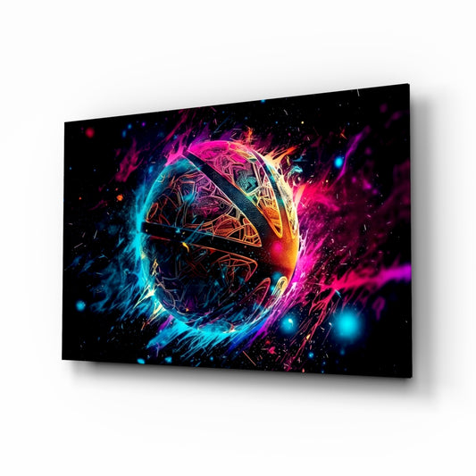 Fireball glass wall art displayed above a desk in a creative office