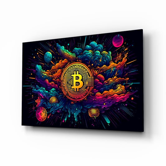 Bitcoin glass wall art displayed above a desk in a home office