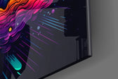 Crypto-symbol artwork anchoring a wall with gold-and-spectrum palette