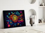 Bitcoin close-up showing gold coin and cloud bursts