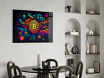 Bitcoin panel adding editorial drama to a hallway