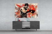 Boxing panel catching lamp light to reveal its painterly grit