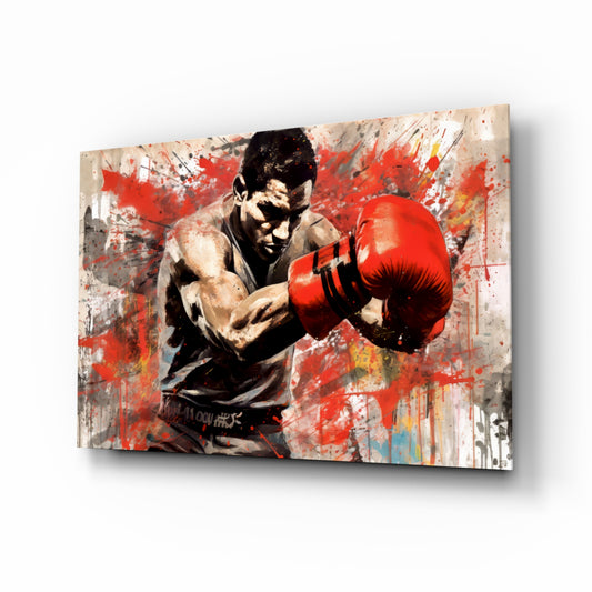 Boxing glass wall art displayed above a leather sofa in a man cave