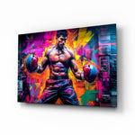 Boxing glass wall art displayed above a leather sofa in a man cave