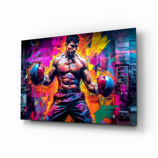 Boxing glass wall art displayed above a leather sofa in a man cave