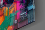 Fighter-tribute artwork anchoring a wall with magenta-and-citrus palette