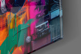 Fighter-tribute artwork anchoring a wall with magenta-and-citrus palette