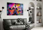 Boxing glass wall art styled above a sideboard in a media room