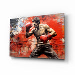 Boxing glass wall art displayed above a leather sofa in a man cave