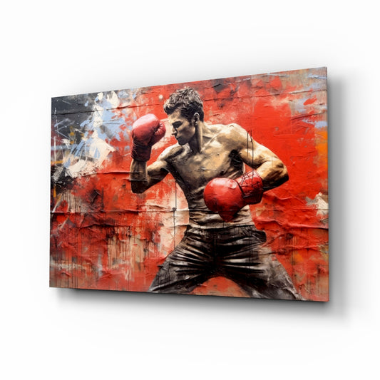 Boxing glass wall art displayed above a leather sofa in a man cave