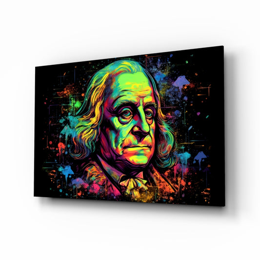 Benjamin Franklin glass wall art displayed above a leather chair in a study