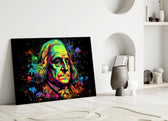 Benjamin Franklin close-up showing powdered wig and neon rim-light