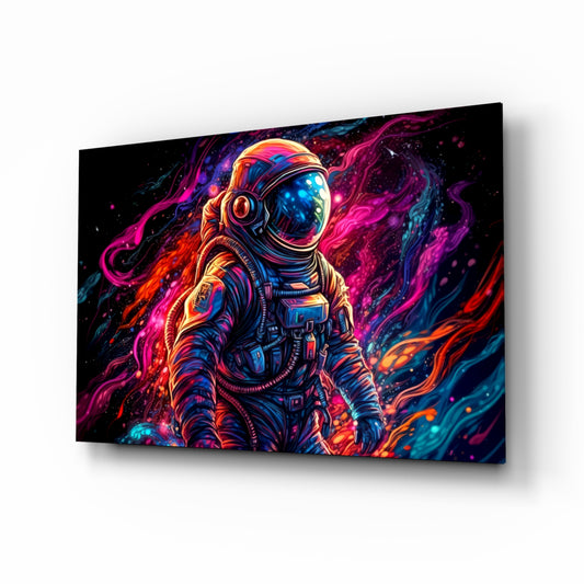 Astronaut glass wall art displayed above a desk in a teen room