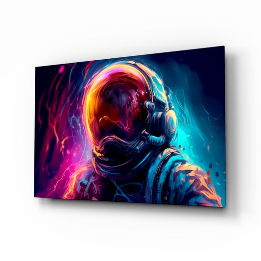 Astronaut glass wall art displayed above a desk in a teen room