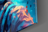 Sci-fi-explorer artwork anchoring a wall with scarlet-and-teal palette