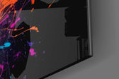 Sci-fi-explorer artwork anchoring a wall with spectrum-splatter palette