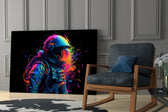 Astronaut glass print enhancing a media room with statement adventure
