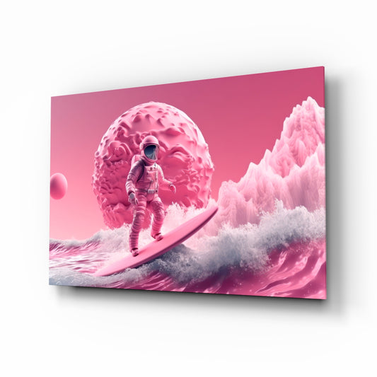 Pinky Space glass wall art displayed above a desk in a teen room