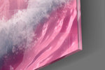 Surreal-surf artwork anchoring a wall with monochromatic-pink palette