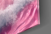 Surreal-surf artwork anchoring a wall with monochromatic-pink palette