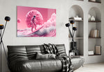 Pinky Space glass wall art styled above a vanity in a dressing room