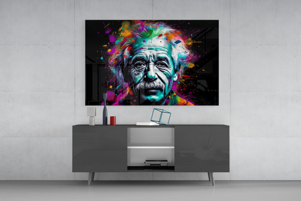 Einstein panel catching lamp light to reveal its cinematic glow