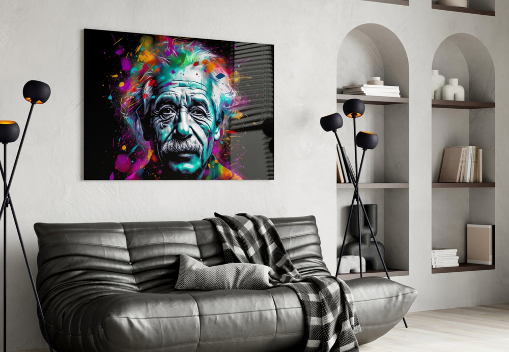 Einstein glass wall art styled above a console in a library