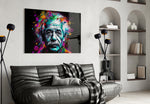 Einstein glass wall art styled above a console in a library