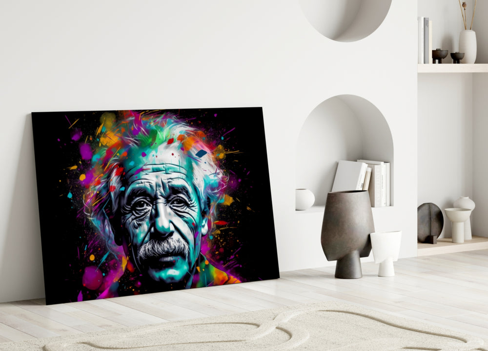 Einstein close-up showing wild hair and neon splatter