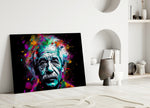 Einstein close-up showing wild hair and neon splatter