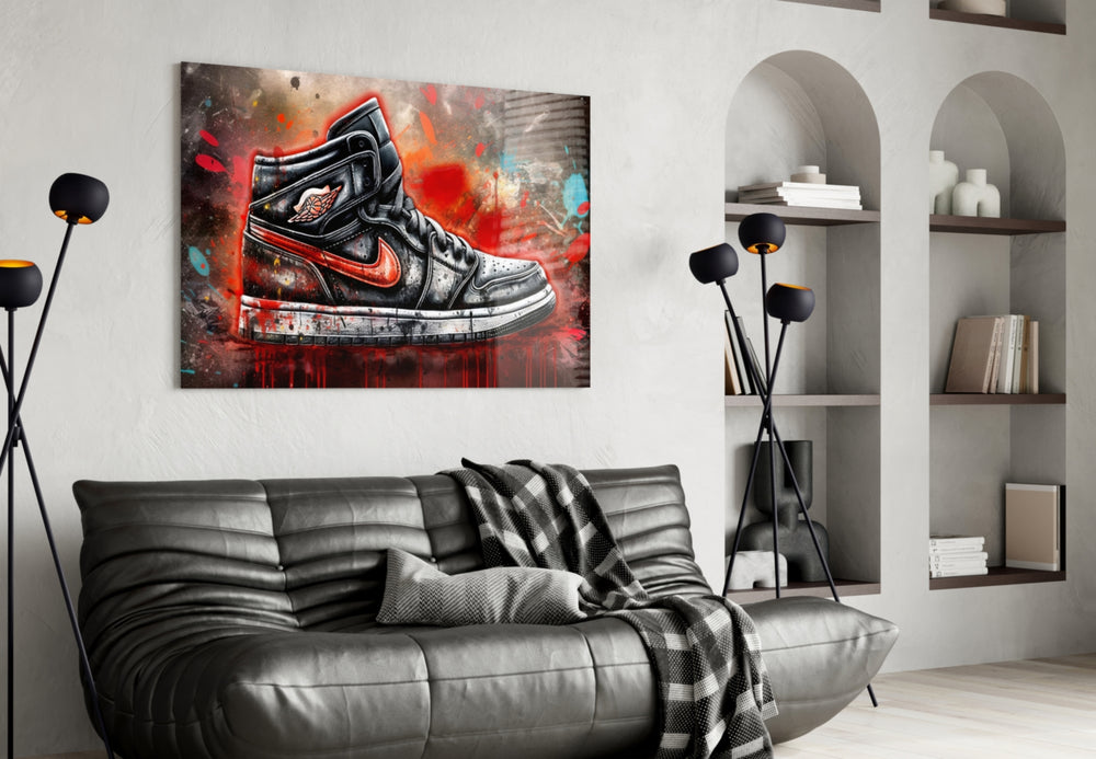 Sneakers glass wall art styled above a sideboard in a media room
