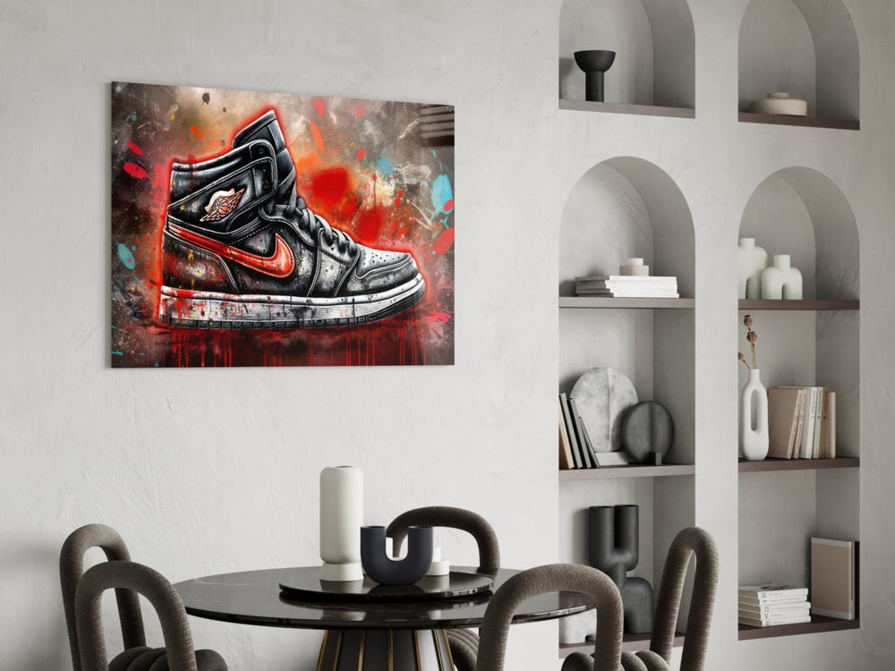 Sneakers panel adding editorial drama to a hallway