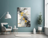 Marble glass wall art styled above a sideboard in a foyer