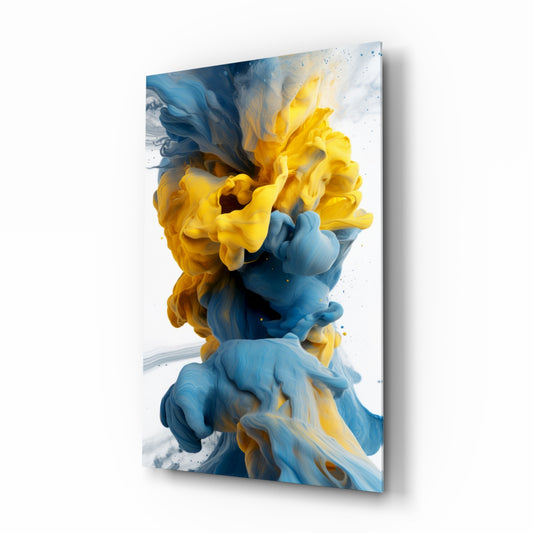 Color Explosion glass wall art displayed above a desk in a creative office