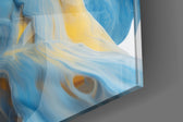 Fluid-art artwork anchoring a wall with cobalt-and-canary palette