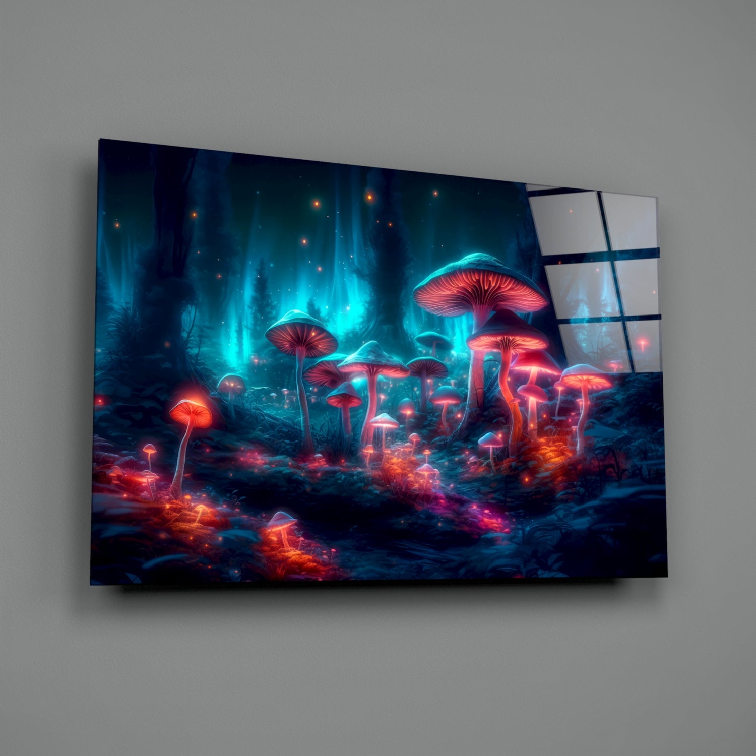 Neon Mushroom Forest Glass Wall Art || Designer Collection.