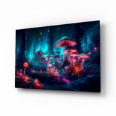 Neon Mushroom Forest glass wall art displayed above a console in a meditation corner