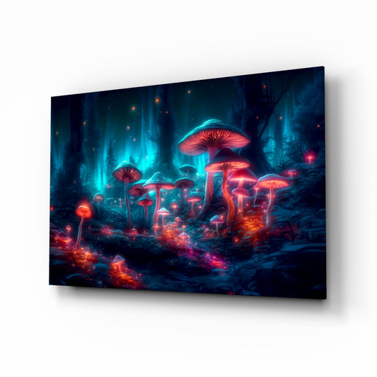 Neon Mushroom Forest glass wall art displayed above a console in a meditation corner