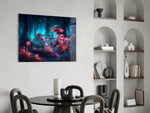 Neon Mushroom Forest panel adding editorial drama to a hallway
