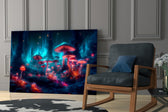 Neon Mushroom Forest glass print enhancing a den with statement adventure