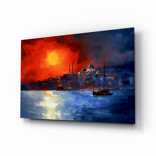 Istanbul glass wall art displayed above a leather chair in a study