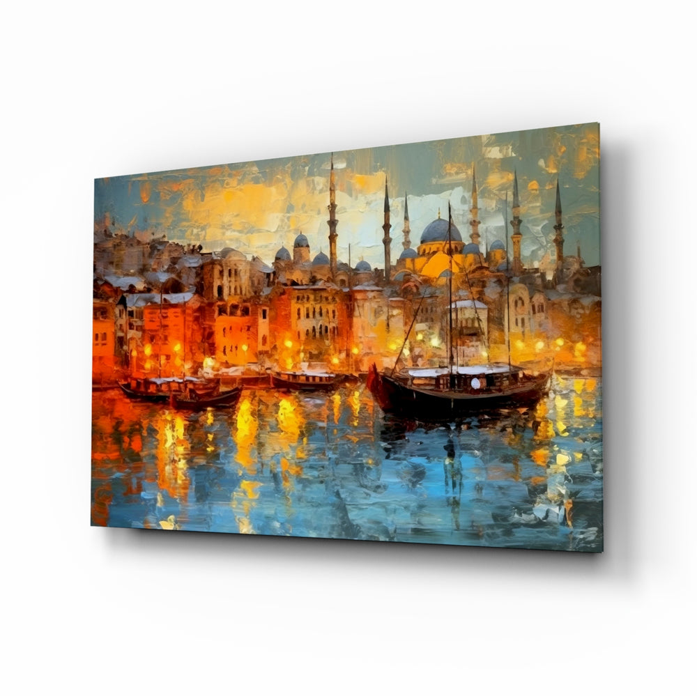 Istanbul glass wall art displayed above a leather chair in a study
