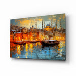 Istanbul glass wall art displayed above a leather chair in a study