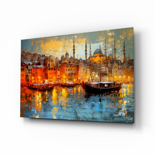 Istanbul glass wall art displayed above a leather chair in a study