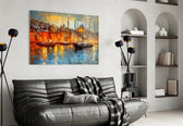 Istanbul glass wall art styled above a sideboard in a dining room