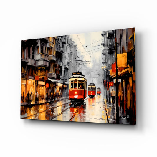 Tram glass wall art displayed above a leather chair in a study