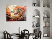 Dragon panel adding editorial drama to a hallway