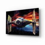 Tie Fighter glass wall art displayed above a leather sofa in a man cave